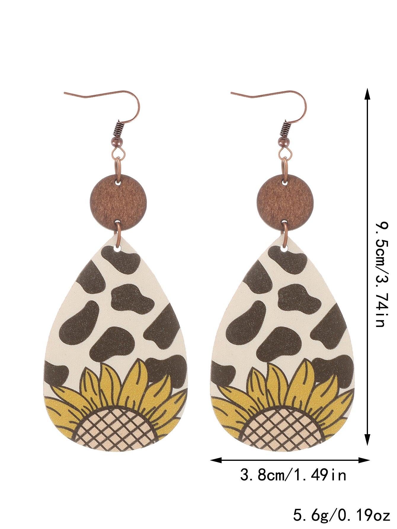 Wholesale Western Style Sunflower Cow Pattern Vintage Wood Grain Earrings